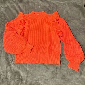 Coral (Orangey-Pink) Chunky Knit Sweater w/Ruffles and Balloon Sleeves - Large